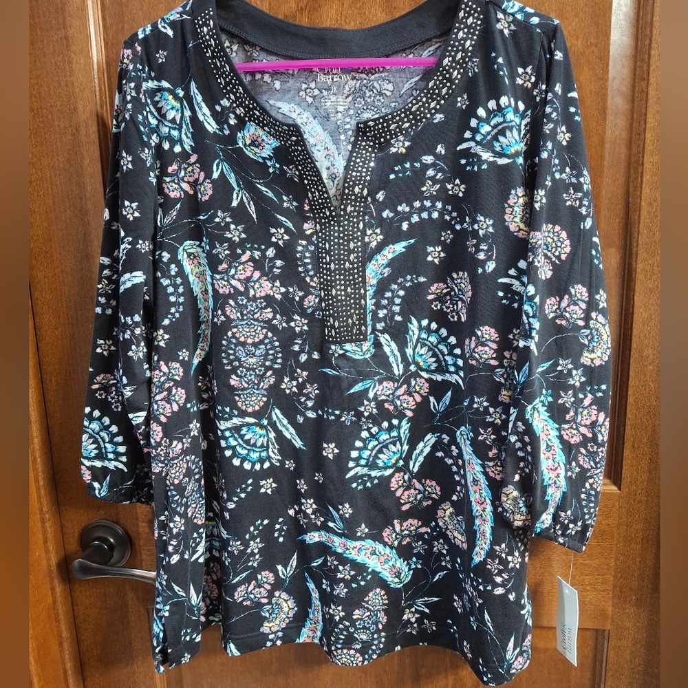 Black Embellished 3/4 Sleeve Mandarin Collar Blouse